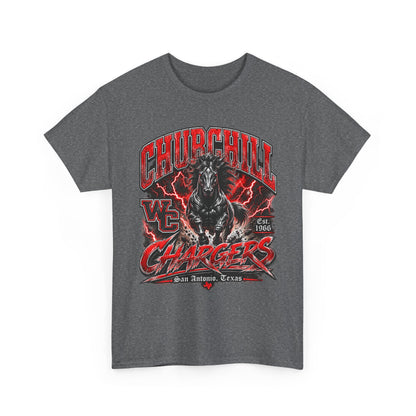 Churchill Chargers Mascot T‑Shirt — Vintage Black Stallion School Team Tee