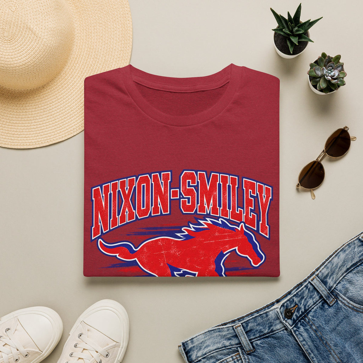 Nixon-Smiley Mustangs Tee — Retro School Mascot T-Shirt
