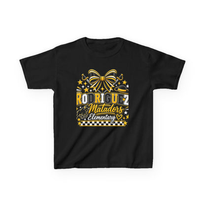 Rodriguez Matadors Elementary Kids T‑Shirt — School Spirit Bow & Mascot Tee
