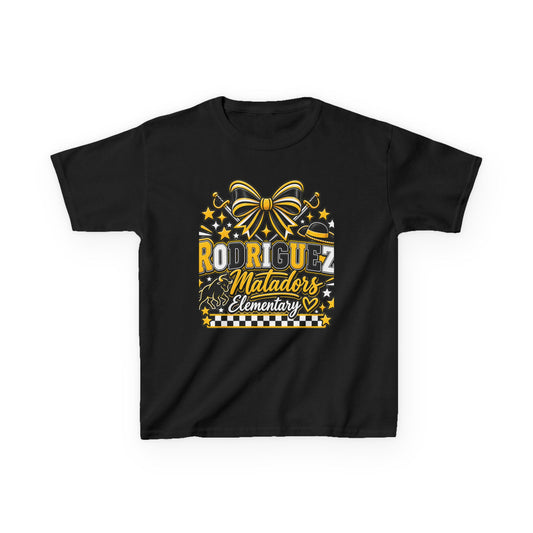 Rodriguez Matadors Elementary Kids T‑Shirt — School Spirit Bow & Mascot Tee