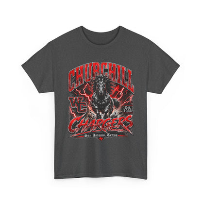 Churchill Chargers Mascot T‑Shirt — Vintage Black Stallion School Team Tee