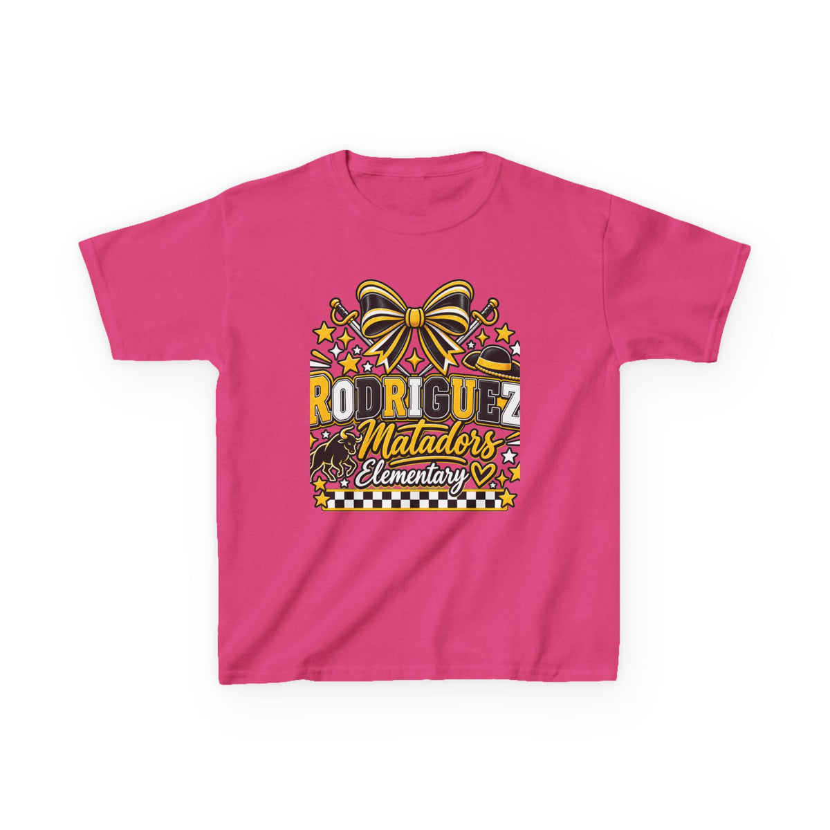 Rodriguez Matadors Elementary Kids T‑Shirt — School Spirit Bow & Mascot Tee