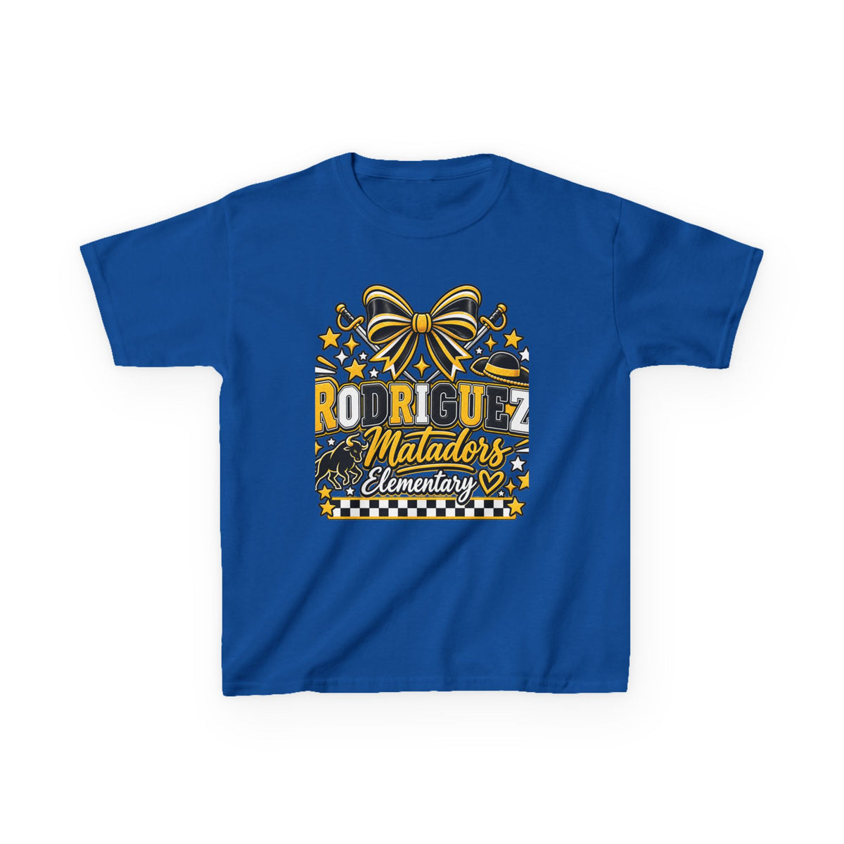 Rodriguez Matadors Elementary Kids T‑Shirt — School Spirit Bow & Mascot Tee
