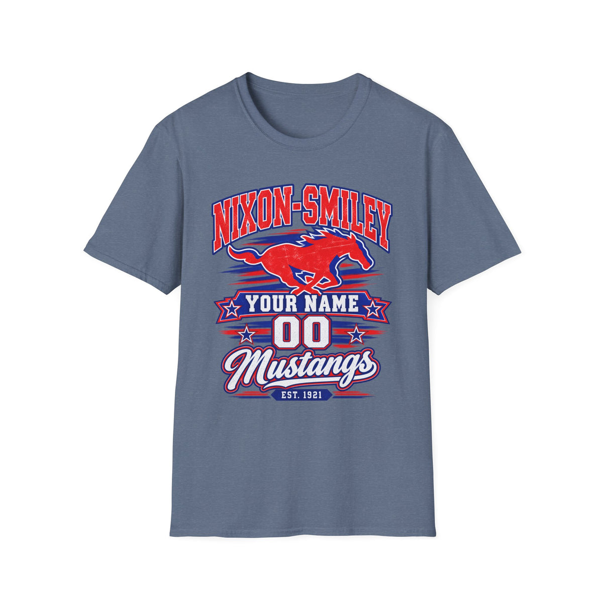 Customizable Mustang Team T-Shirt — 'Nixon-SMiley' Personalized Jersey Tee