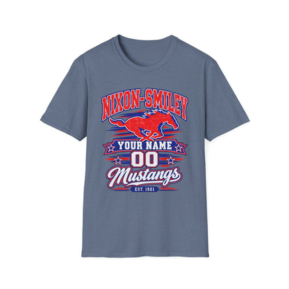Customizable Mustang Team T-Shirt — 'Nixon-SMiley' Personalized Jersey Tee