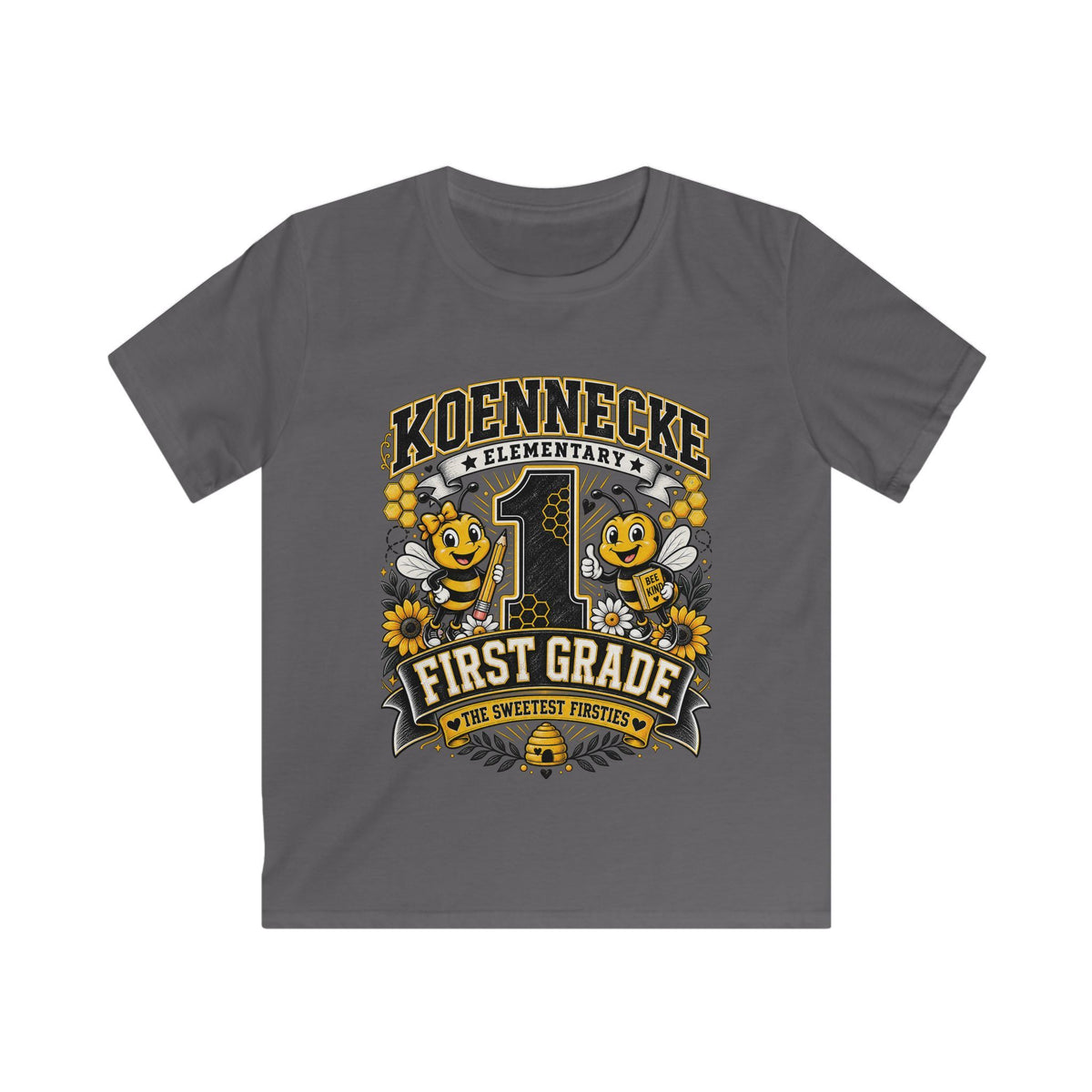 First Grade Kids Tee — 'Koennecke Elementary' Back-to-School Bee Design