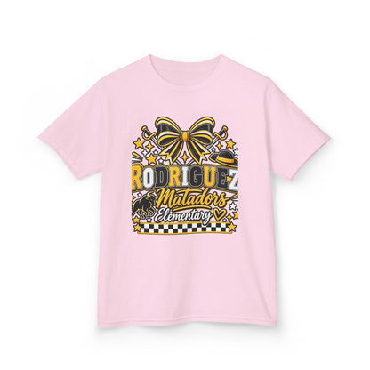 Rodriguez Matadors Elementary Kids T‑Shirt — School Spirit Bow & Mascot Tee