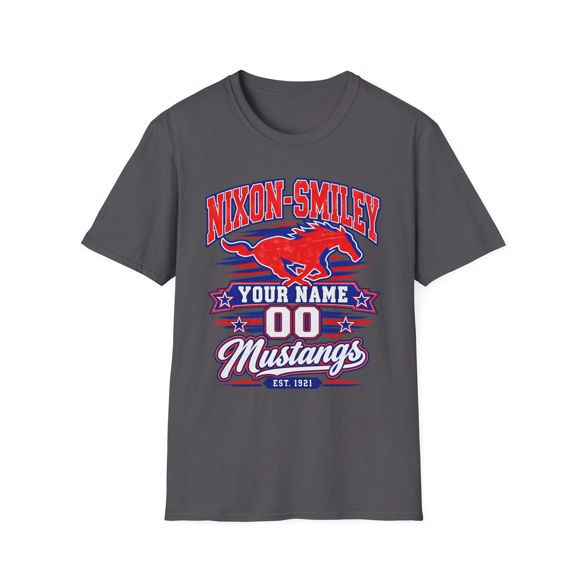 Customizable Mustang Team T-Shirt — 'Nixon-SMiley' Personalized Jersey Tee