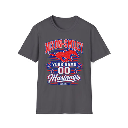 Customizable Mustang Team T-Shirt — 'Nixon-SMiley' Personalized Jersey Tee