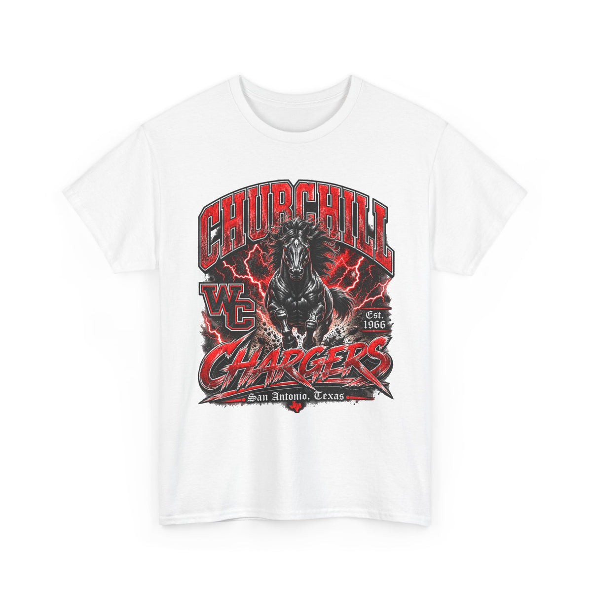 Churchill Chargers Mascot T‑Shirt — Vintage Black Stallion School Team Tee