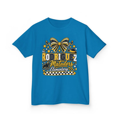 Rodriguez Matadors Elementary Kids T‑Shirt — School Spirit Bow & Mascot Tee