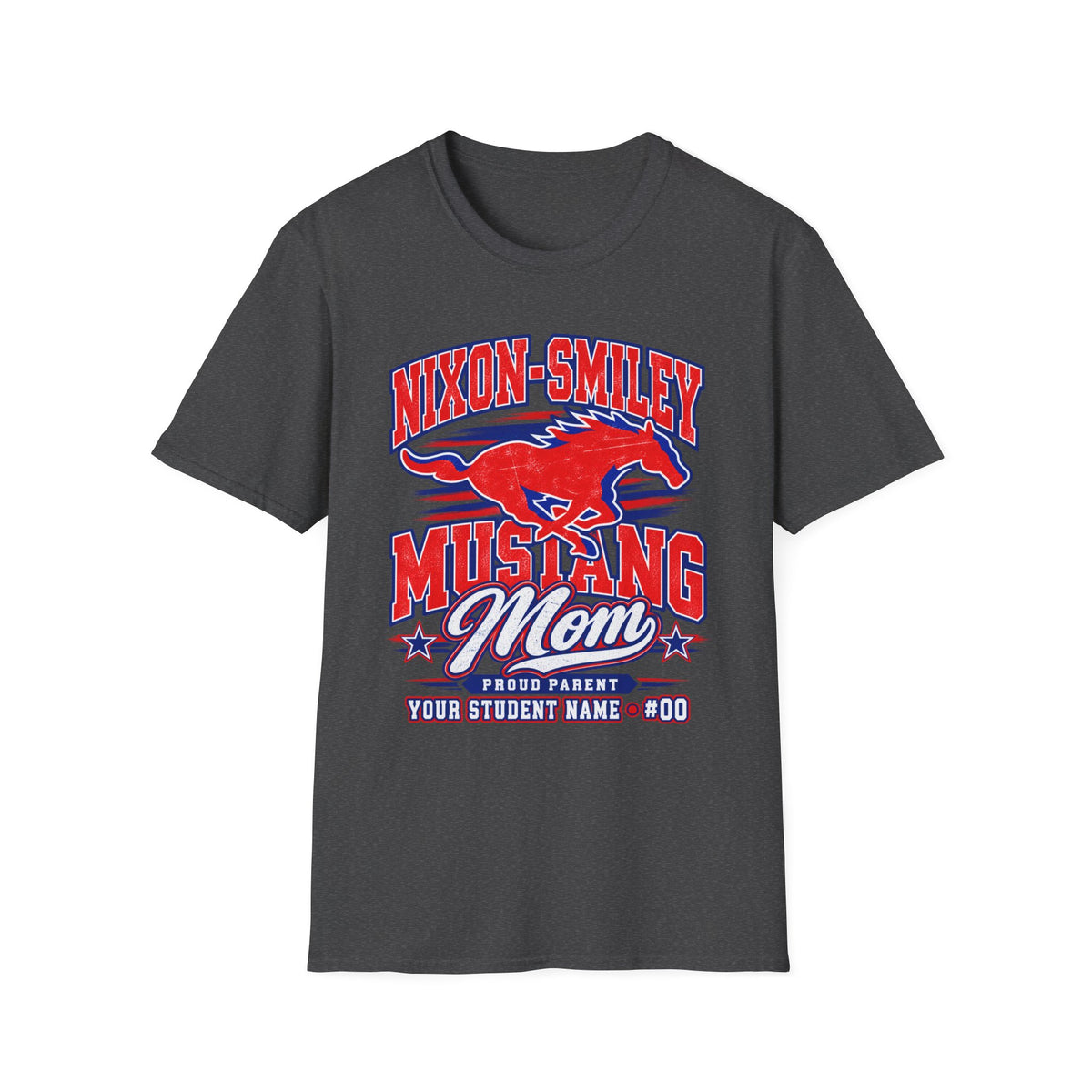 Mustang Mom T‑Shirt — Nixon‑Smiley School Spirit Tee (Customizable Student Name)