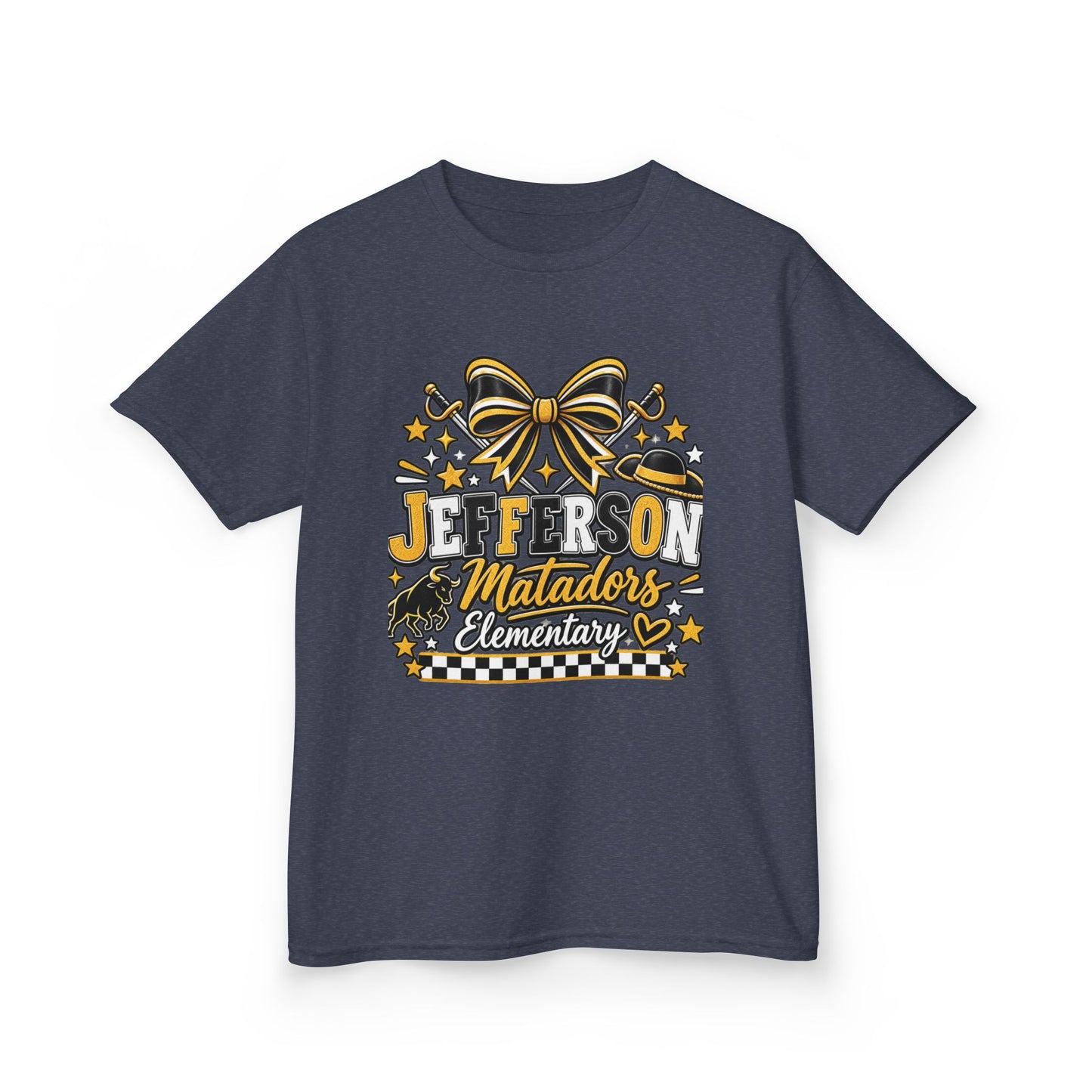 Jefferson Matadors Elementary Kids T-Shirt — School Spirit Bow & Mascot Tee