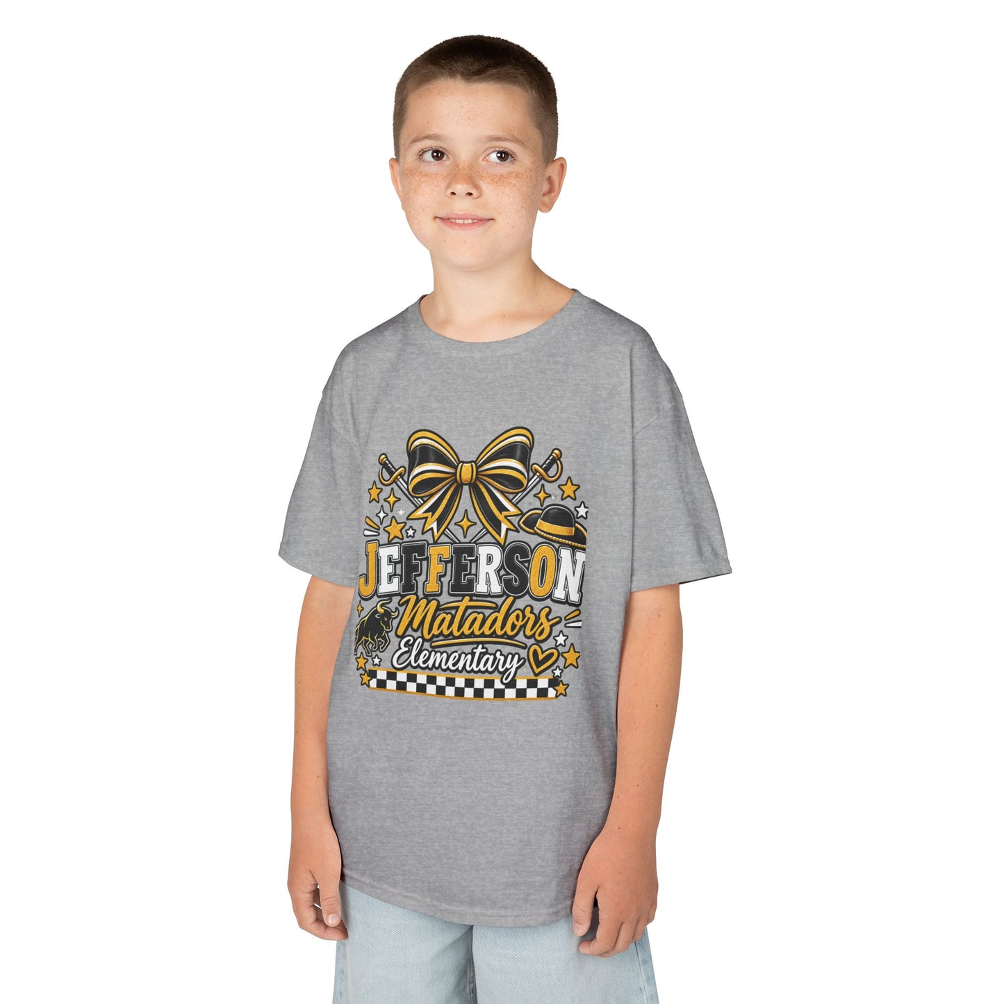 Jefferson Matadors Elementary Kids T-Shirt — School Spirit Bow & Mascot Tee