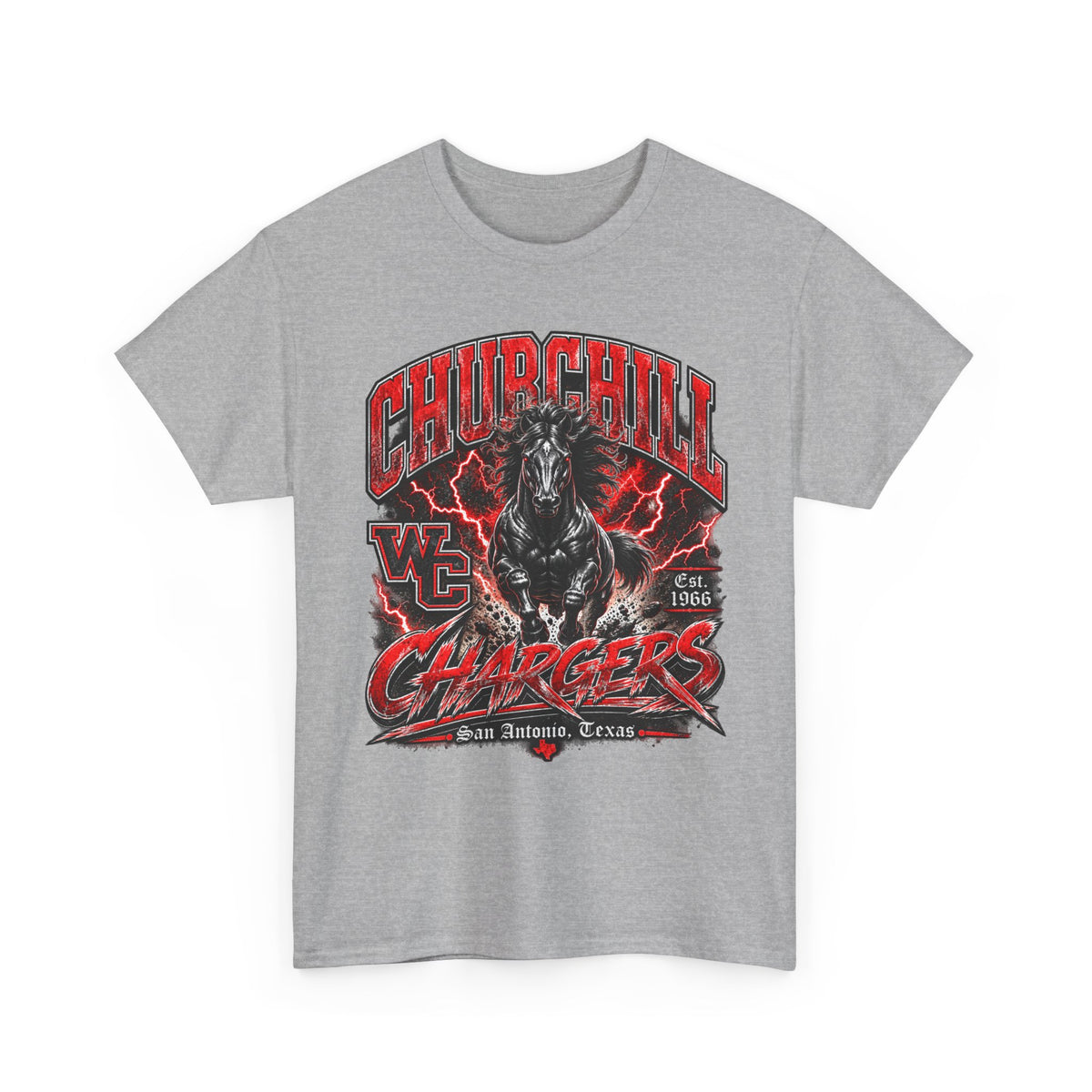 Churchill Chargers Mascot T‑Shirt — Vintage Black Stallion School Team Tee