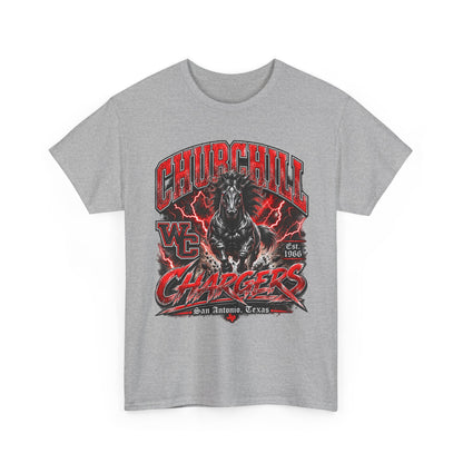 Churchill Chargers Mascot T‑Shirt — Vintage Black Stallion School Team Tee