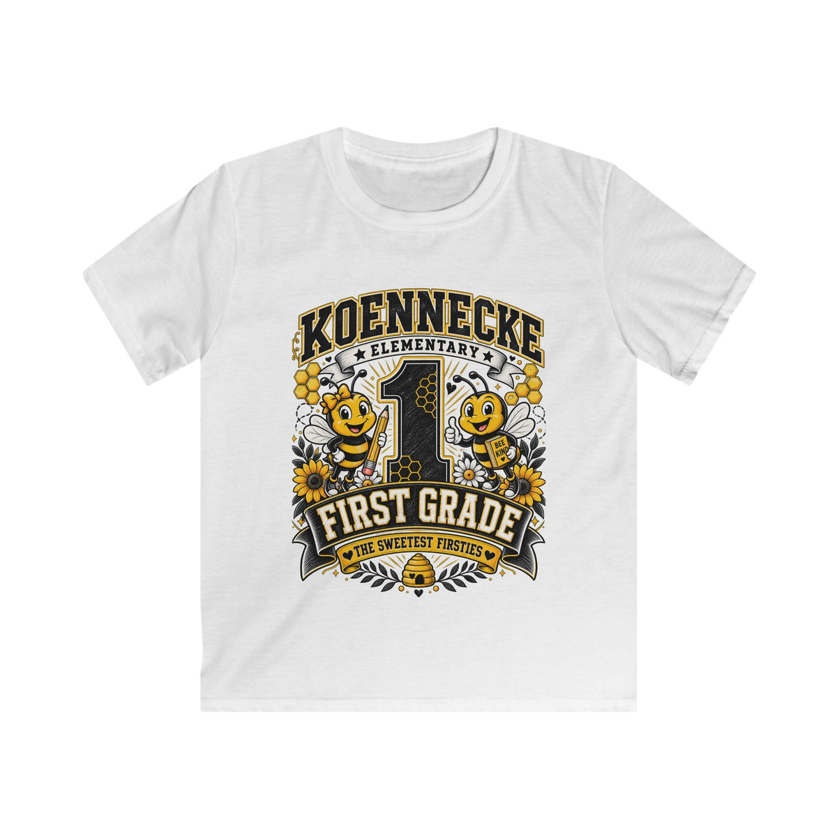 First Grade Kids Tee — 'Koennecke Elementary' Back-to-School Bee Design