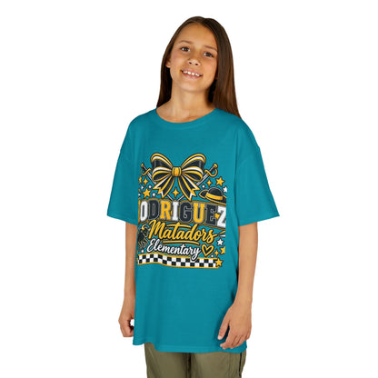 Rodriguez Matadors Elementary Kids T‑Shirt — School Spirit Bow & Mascot Tee