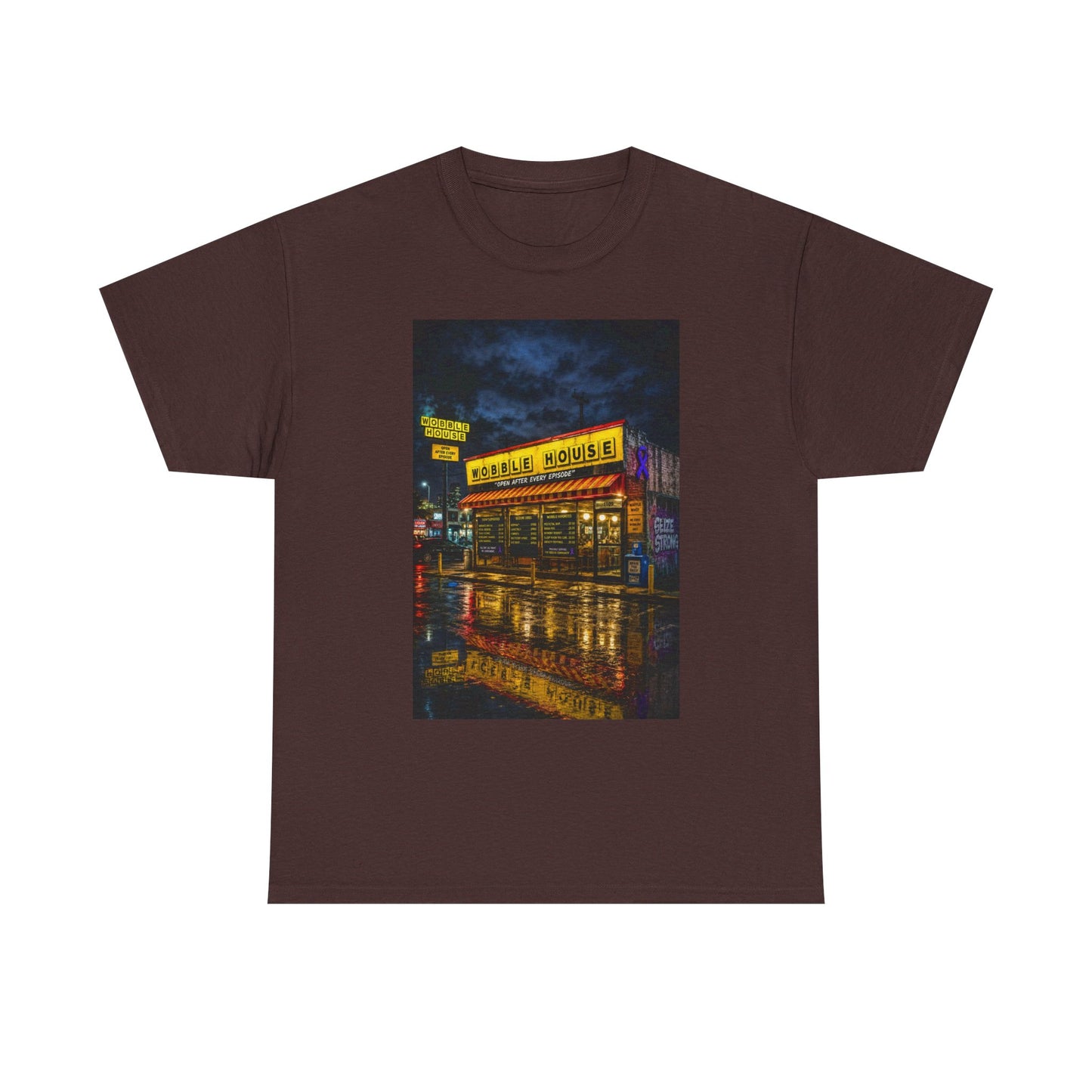 Diner Neon Night T-Shirt — Retro Rainy Cityscape Graphic Tee