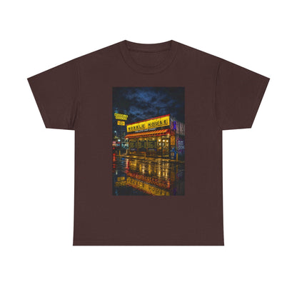 Diner Neon Night T-Shirt — Retro Rainy Cityscape Graphic Tee