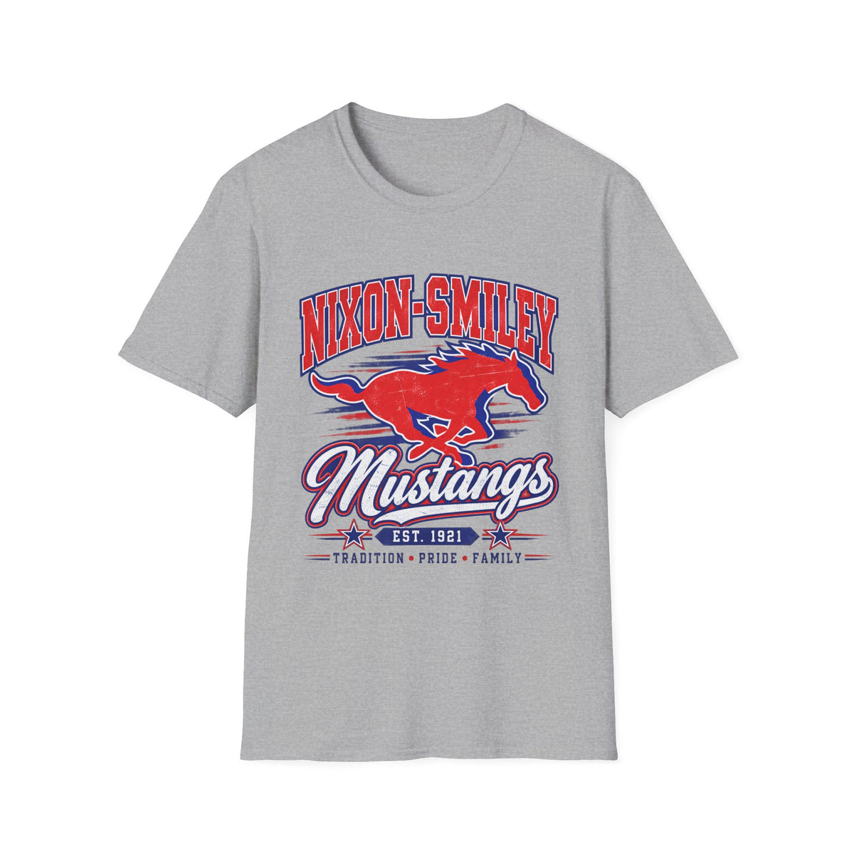 Nixon-Smiley Mustangs Tee — Retro School Mascot T-Shirt