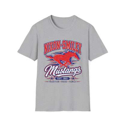 Nixon-Smiley Mustangs Tee — Retro School Mascot T-Shirt