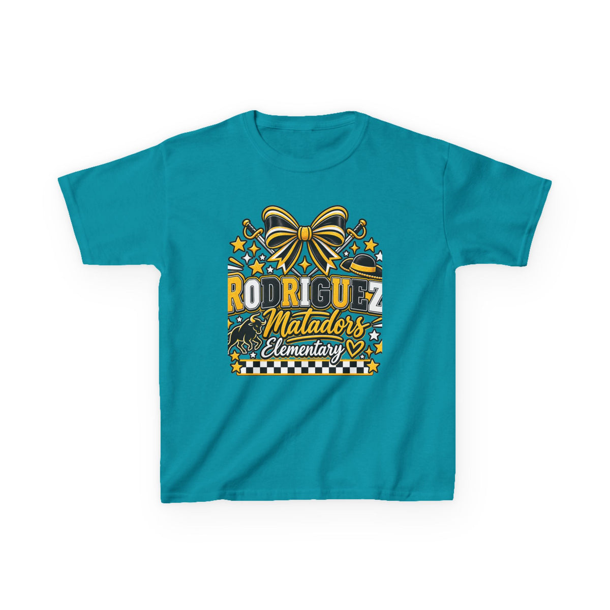 Rodriguez Matadors Elementary Kids T‑Shirt — School Spirit Bow & Mascot Tee