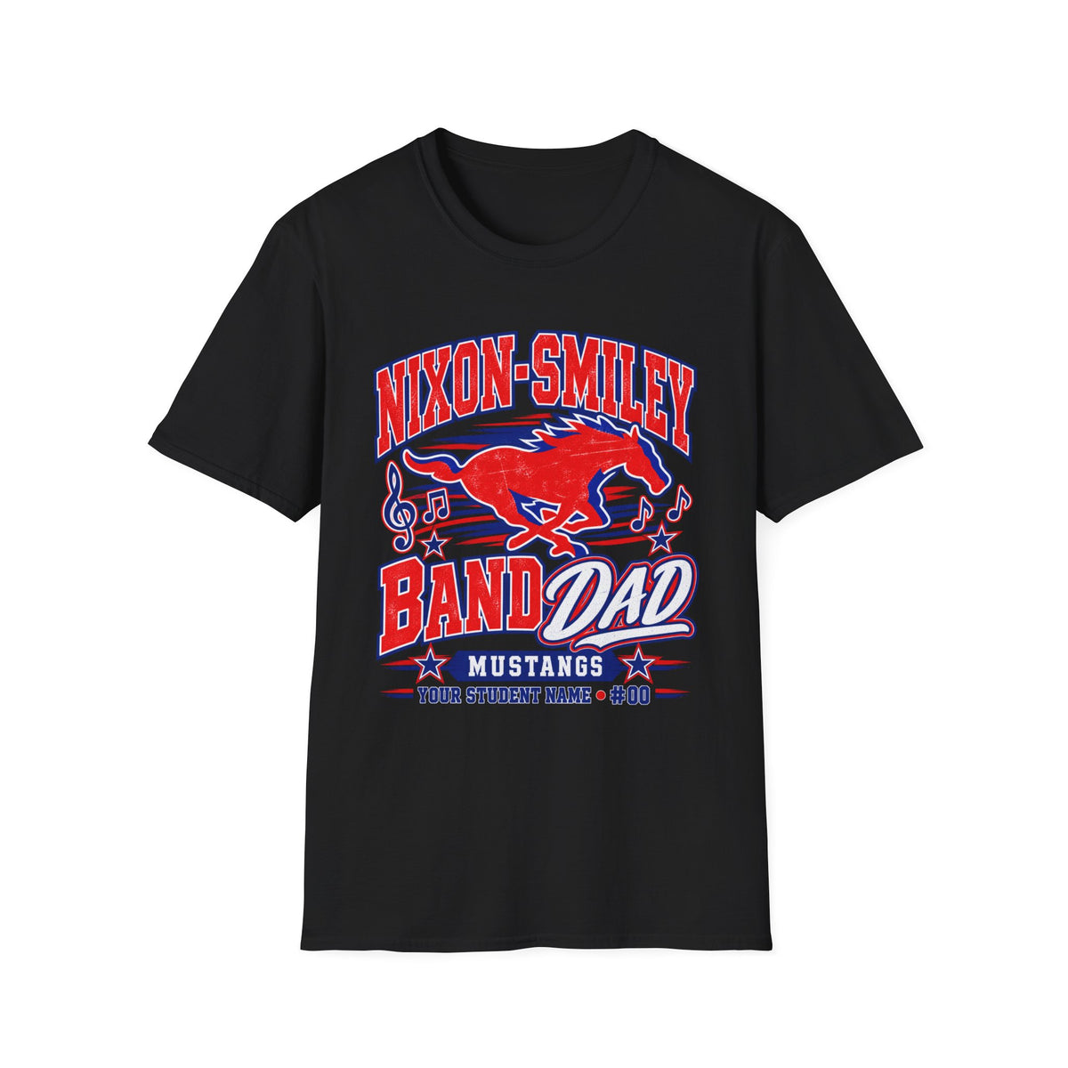 Nixon-Smiley Mustangs Band T-Shirt — Vintage Red Mustang Music Design