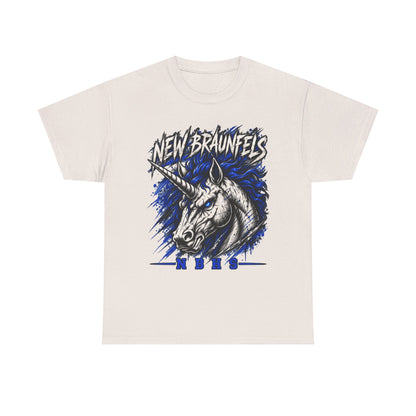 New Braunfels Unicorn Graphic Tee — Bold Blue Mythical Horse Shirt