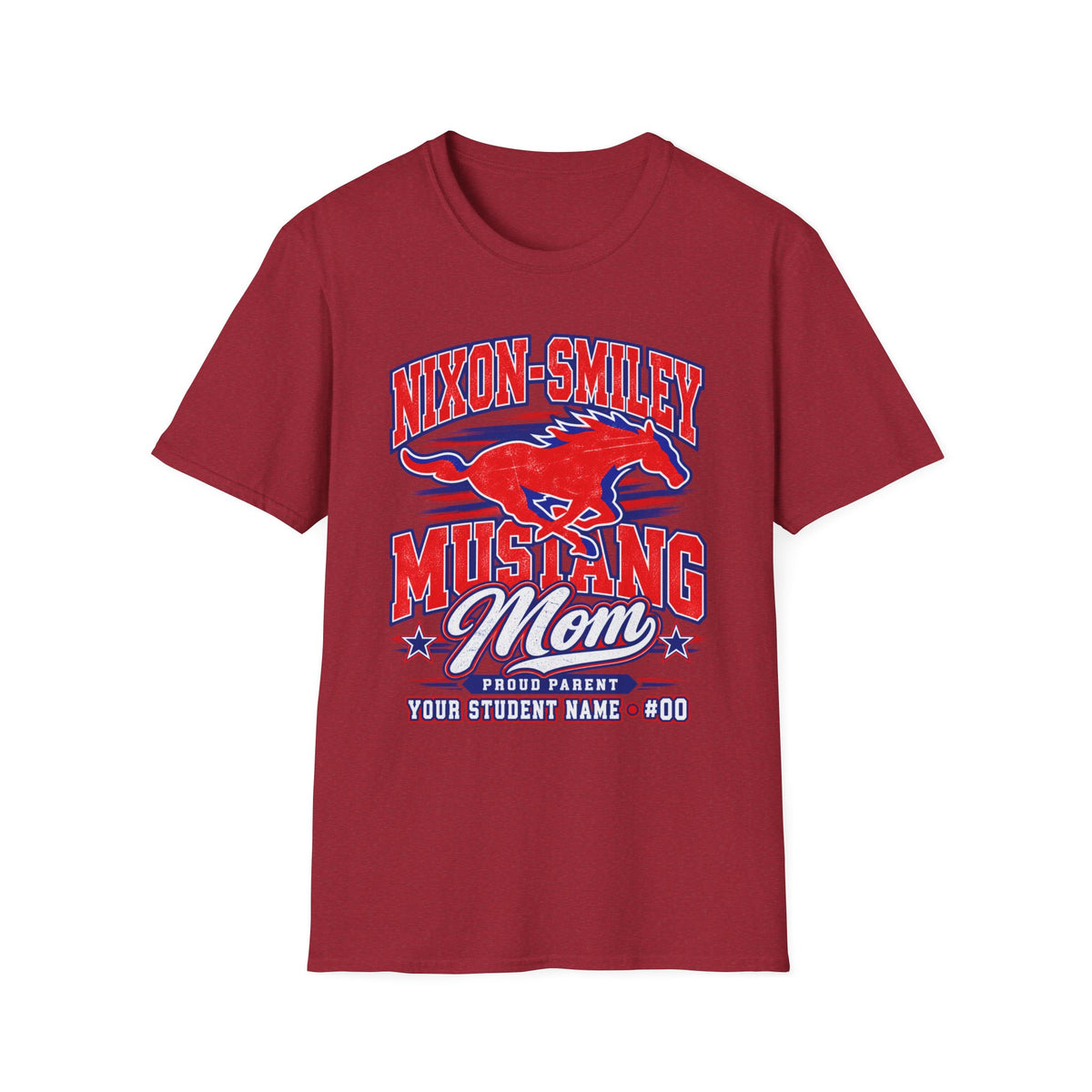 Mustang Mom T‑Shirt — Nixon‑Smiley School Spirit Tee (Customizable Student Name)