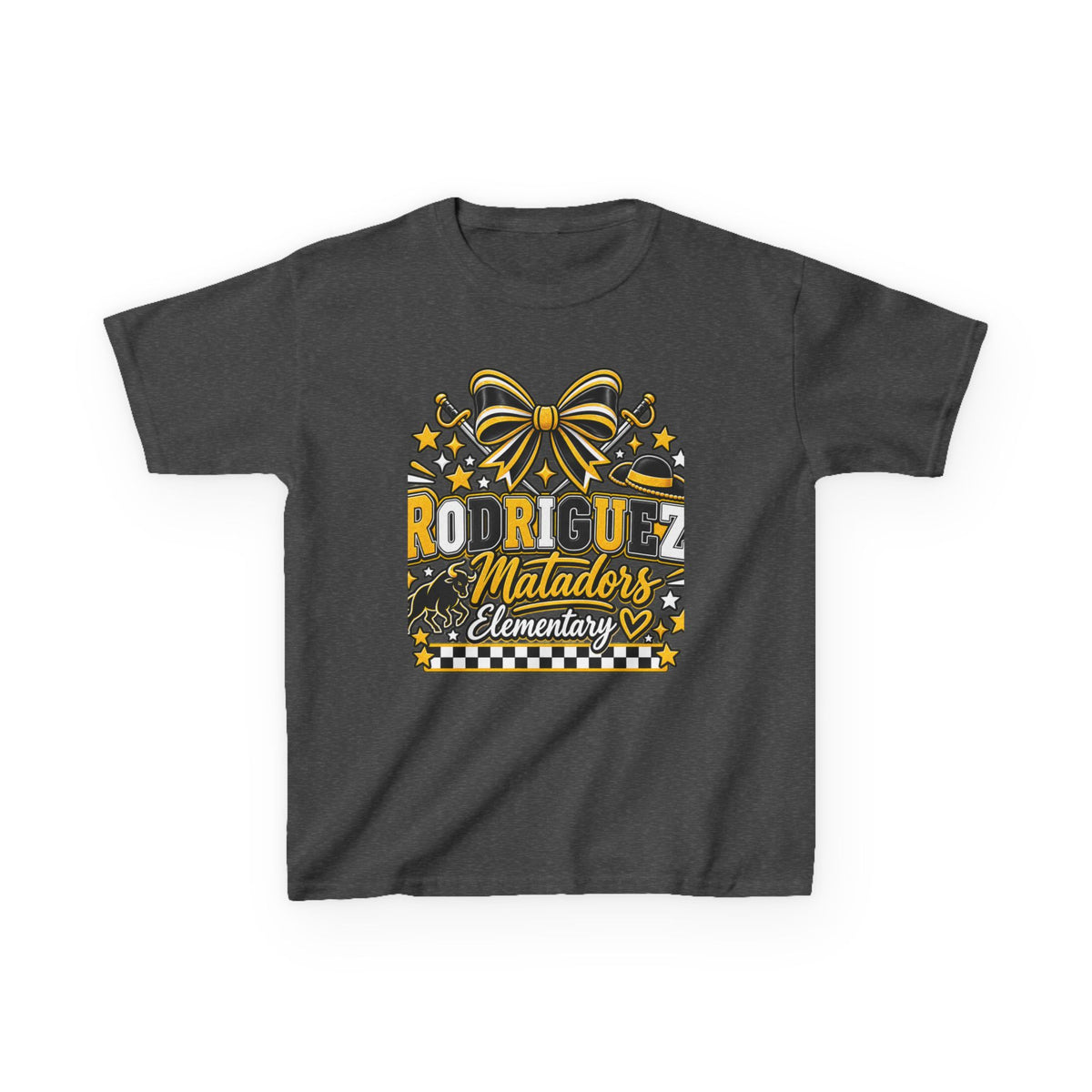 Rodriguez Matadors Elementary Kids T‑Shirt — School Spirit Bow & Mascot Tee