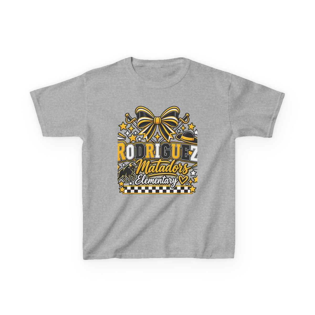 Rodriguez Matadors Elementary Kids T‑Shirt — School Spirit Bow & Mascot Tee