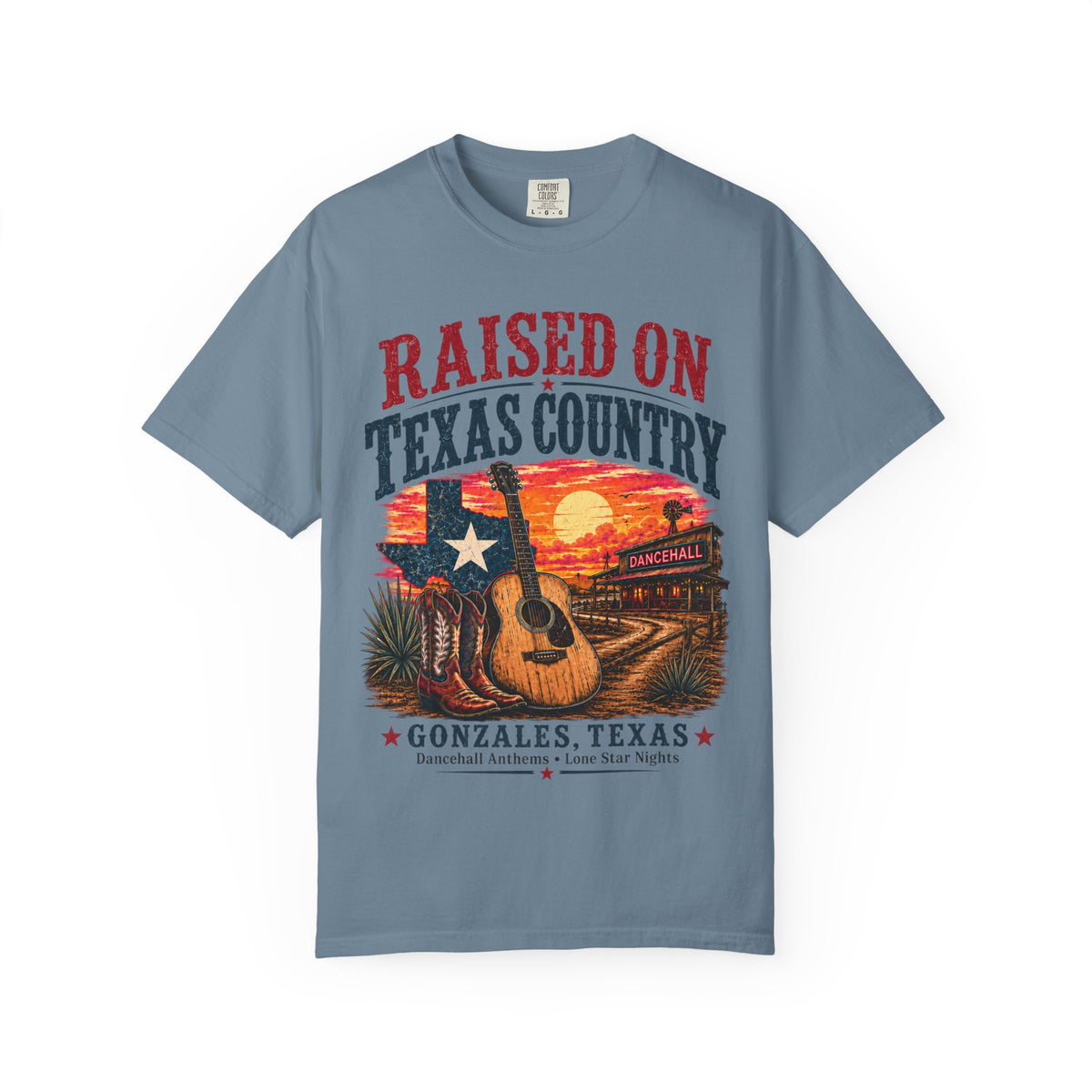 Raised on Texas Country T-Shirt — Gonzales TX Vintage Guitar Sunset Tee