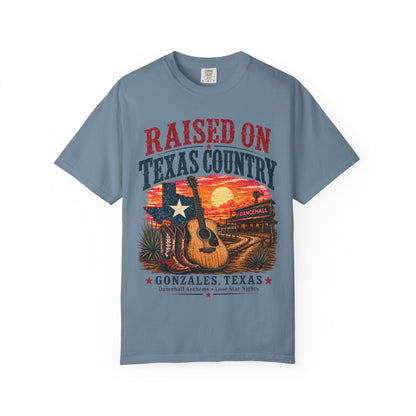 Raised on Texas Country T-Shirt — Gonzales TX Vintage Guitar Sunset Tee