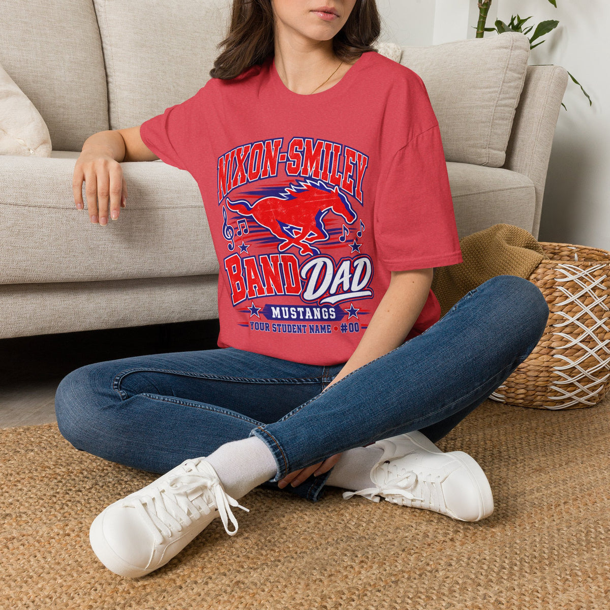 Nixon-Smiley Mustangs Band T-Shirt — Vintage Red Mustang Music Design