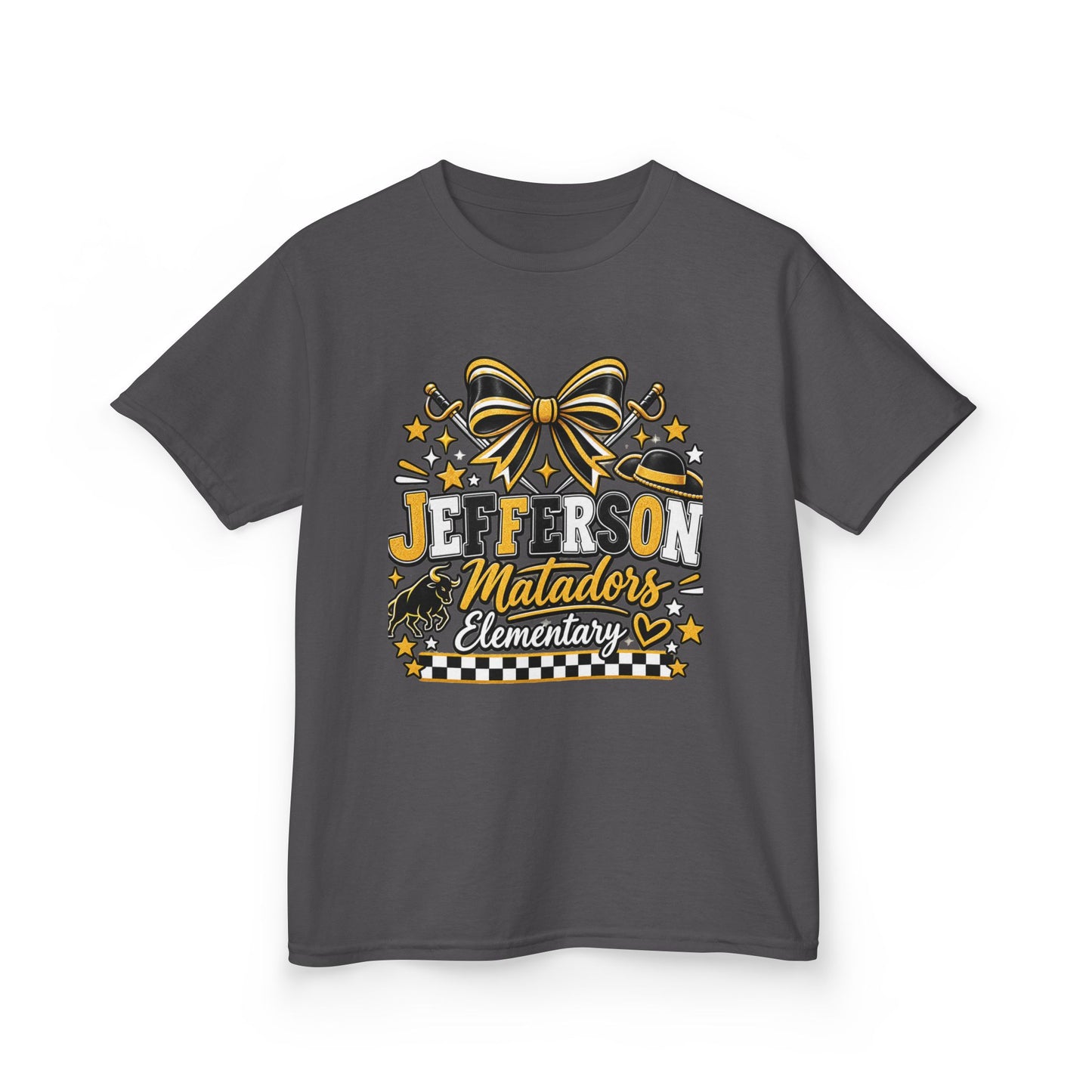 Jefferson Matadors Elementary Kids T-Shirt — School Spirit Bow & Mascot Tee