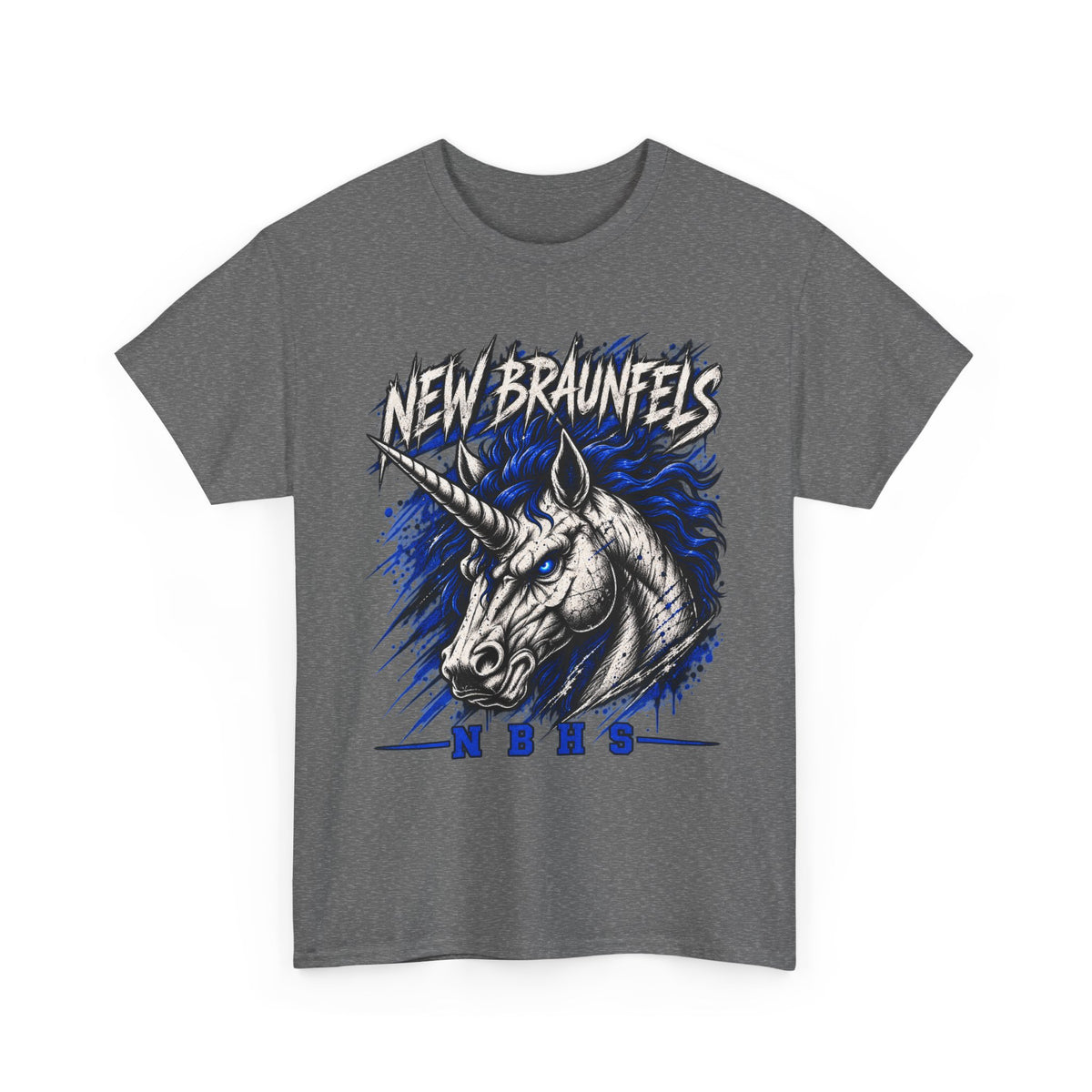 New Braunfels Unicorn Graphic Tee — Bold Blue Mythical Horse Shirt