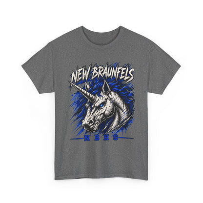 New Braunfels Unicorn Graphic Tee — Bold Blue Mythical Horse Shirt