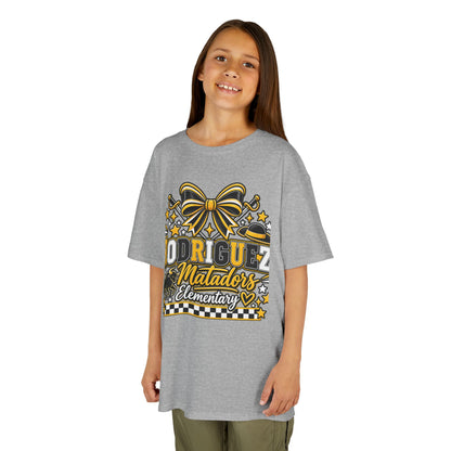 Rodriguez Matadors Elementary Kids T‑Shirt — School Spirit Bow & Mascot Tee