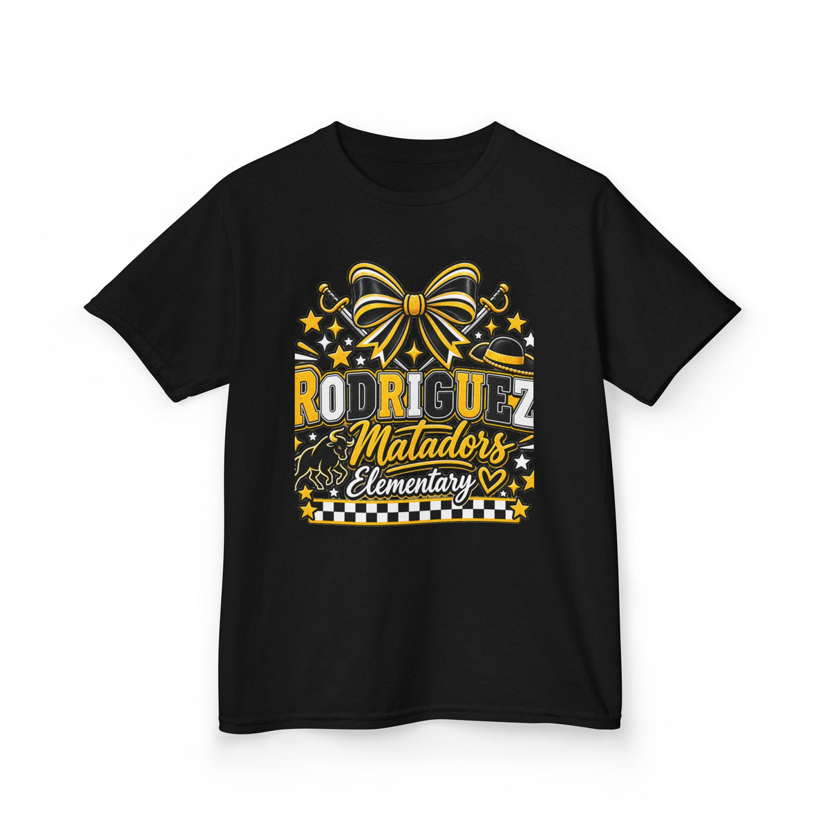 Rodriguez Matadors Elementary Kids T‑Shirt — School Spirit Bow & Mascot Tee