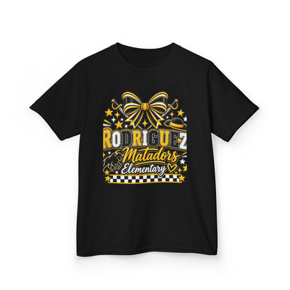 Rodriguez Matadors Elementary Kids T‑Shirt — School Spirit Bow & Mascot Tee