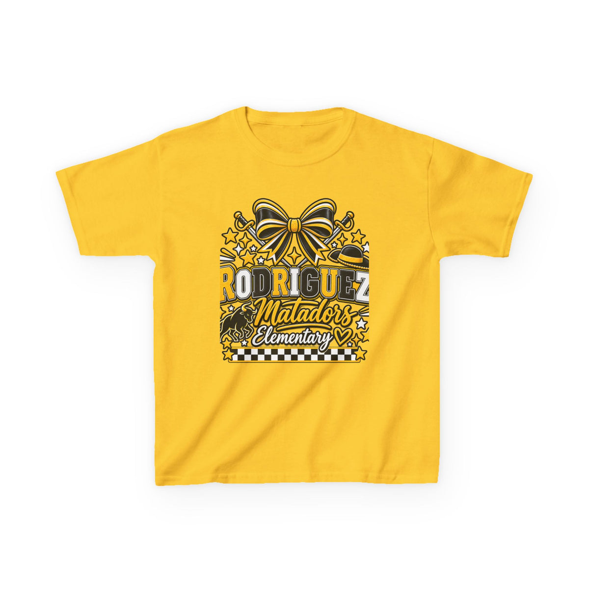 Rodriguez Matadors Elementary Kids T‑Shirt — School Spirit Bow & Mascot Tee