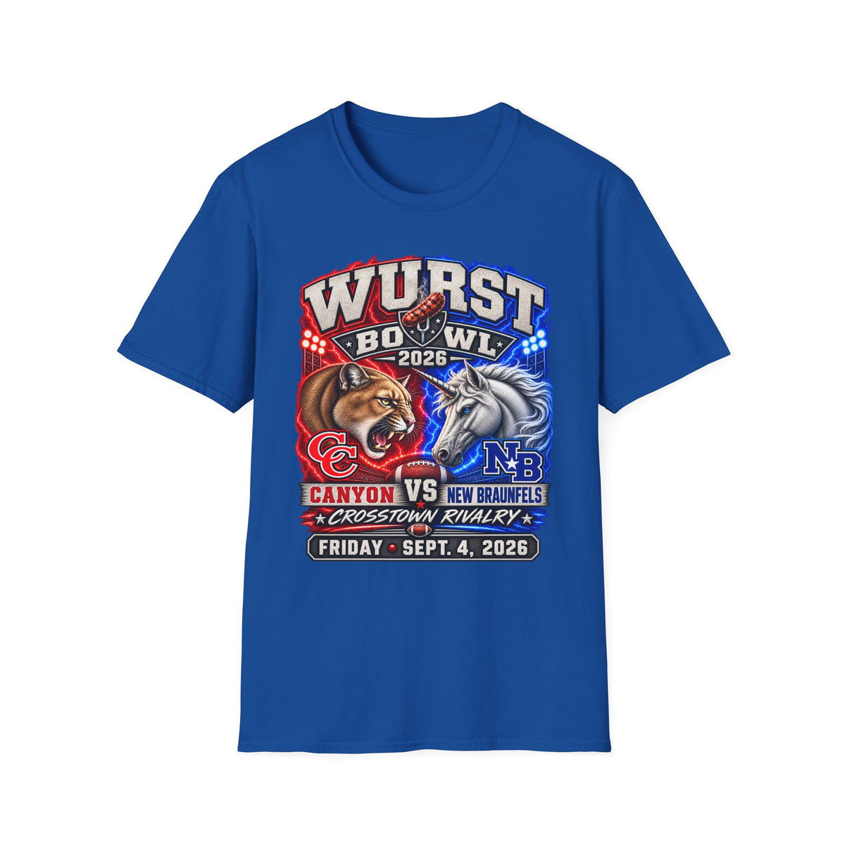 Wurst Bowl 2026 T‑Shirt — Rivalry Game Day Tee (Sausage vs. Unicorn)