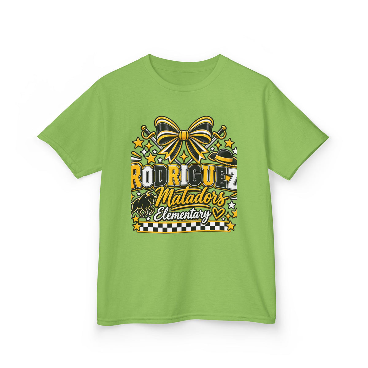 Rodriguez Matadors Elementary Kids T‑Shirt — School Spirit Bow & Mascot Tee
