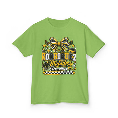 Rodriguez Matadors Elementary Kids T‑Shirt — School Spirit Bow & Mascot Tee