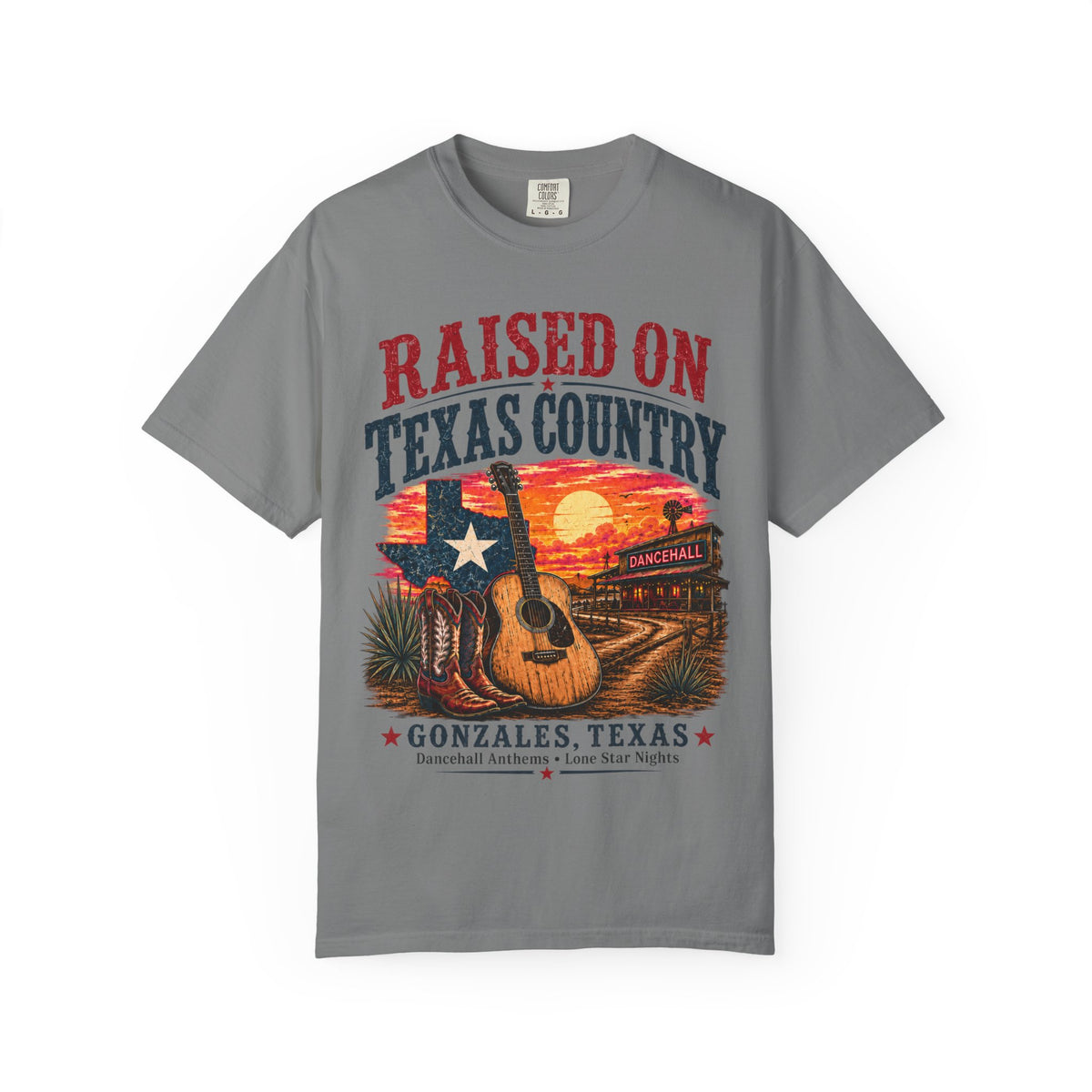 Raised on Texas Country T-Shirt — Gonzales TX Vintage Guitar Sunset Tee