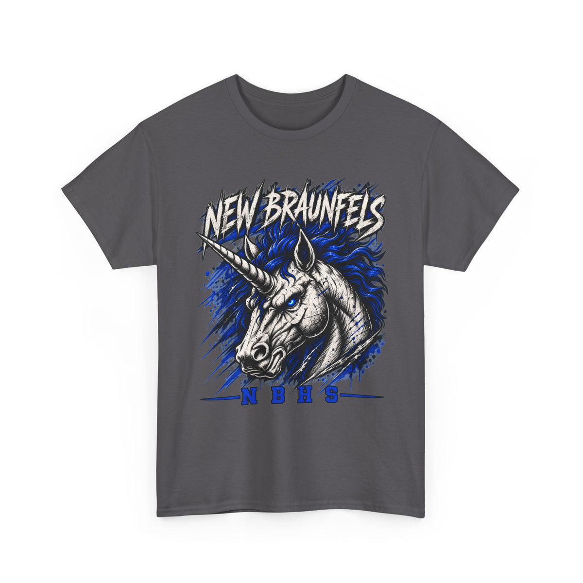 New Braunfels Unicorn Graphic Tee — Bold Blue Mythical Horse Shirt