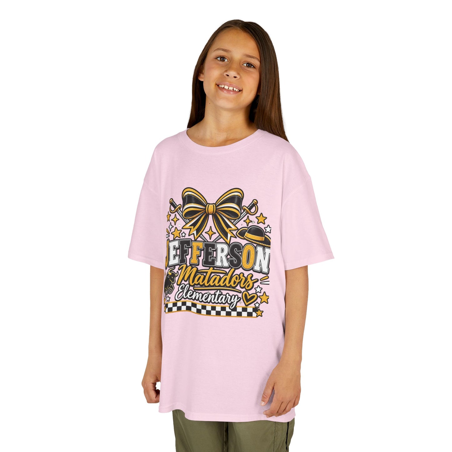 Jefferson Matadors Elementary Kids T-Shirt — School Spirit Bow & Mascot Tee
