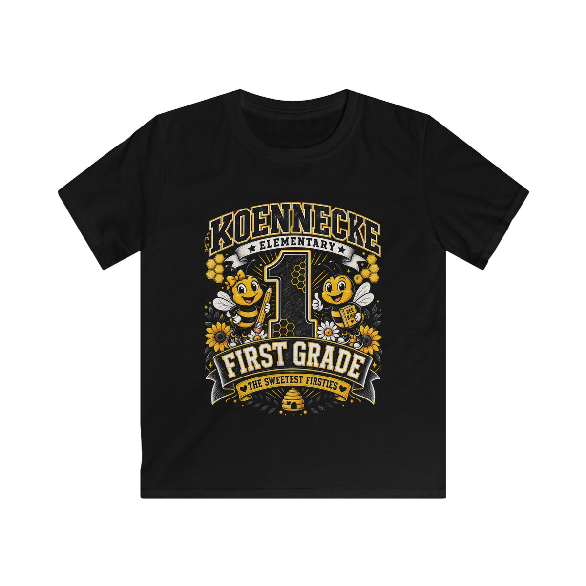 First Grade Kids Tee — 'Koennecke Elementary' Back-to-School Bee Design