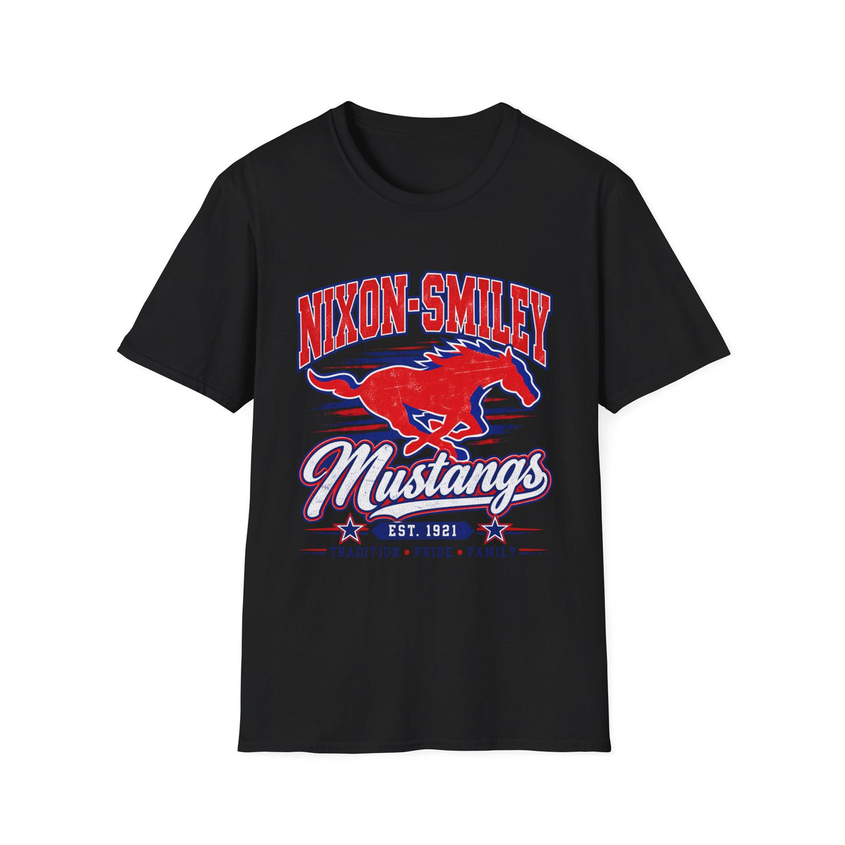 Nixon-Smiley Mustangs Tee — Retro School Mascot T-Shirt